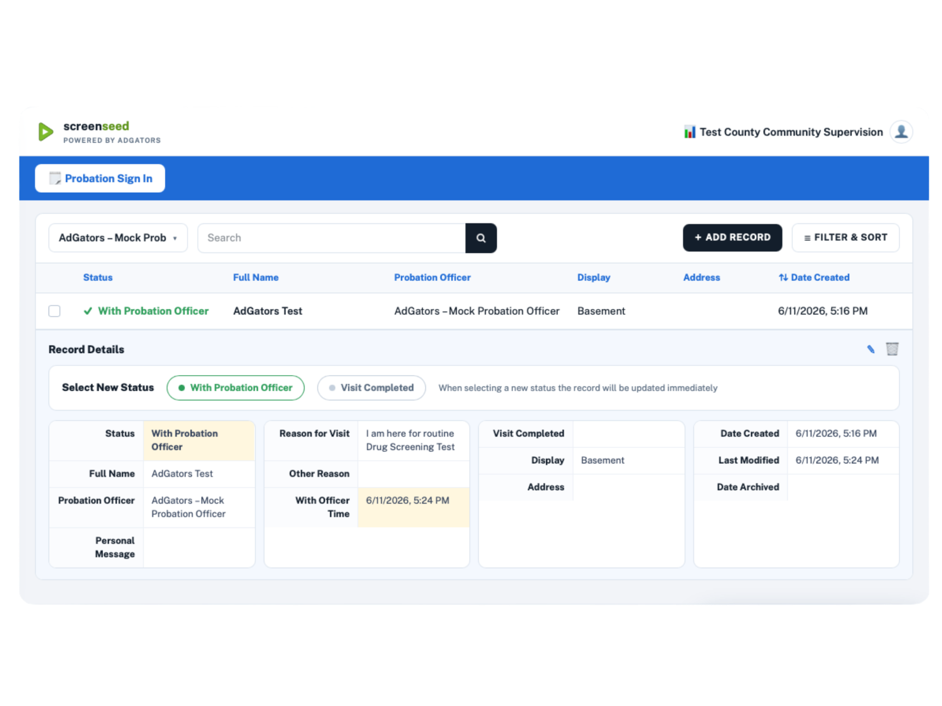 AdGators probation visitor management dashboard